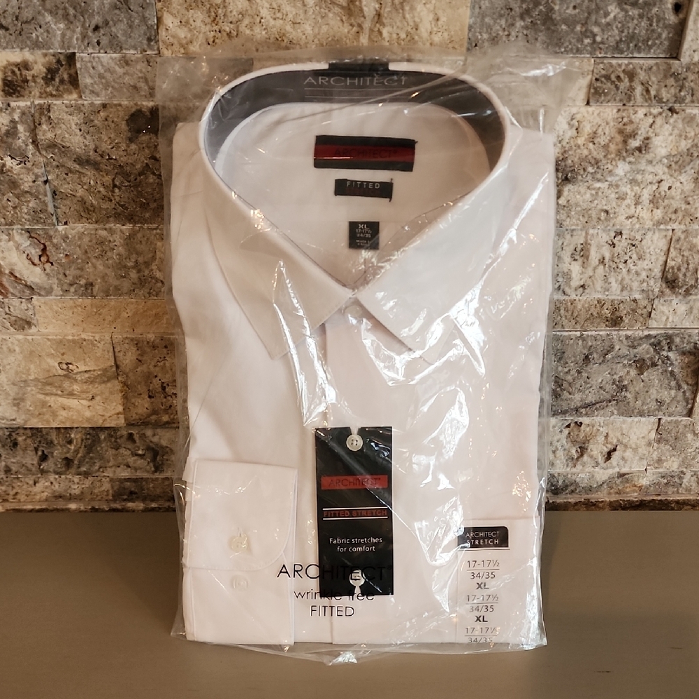 Architect Men's Crisp White Dress Shirt  Brand New Fitted Stretch Wrinke Free
